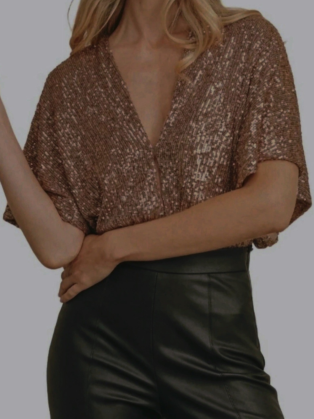 Sequin Deep V-Neck Dolman Sleeve Bodysuit - Rose Gold